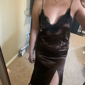 Elegant Brown Lace Slip Dress